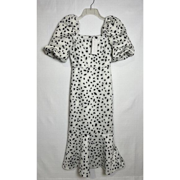 TRUE VIOLET PUFF SLEEVE SQUARE NECK MIDI DRESS IN MONO SPOT PRINT Size 6 NWT - Picture 1 of 10